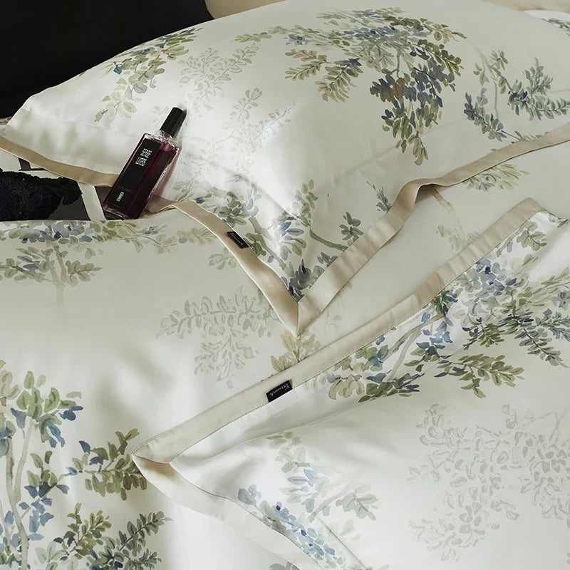 Bedding Set Cotton Satin Botanical Print Zipper Closure