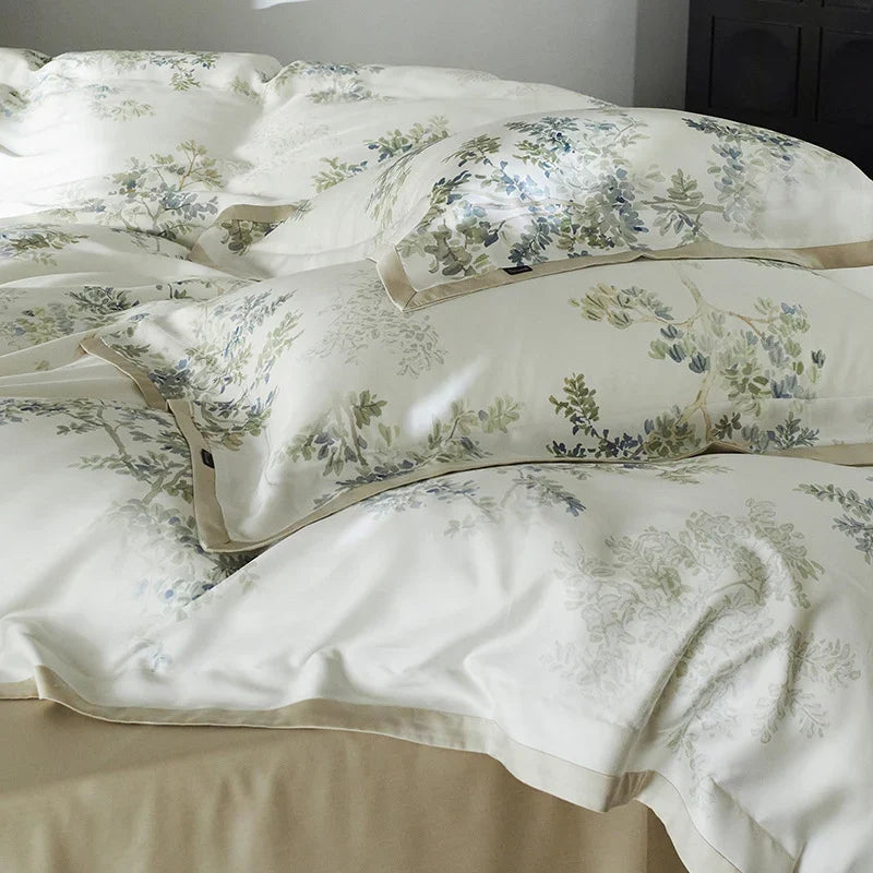 Bedding Set Cotton Satin Botanical Print Zipper Closure