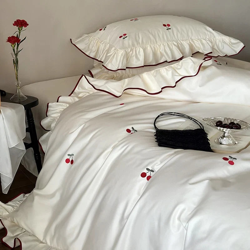 Bedding Set Cotton Satin Breathable Cherry Embroidery 4-Piece