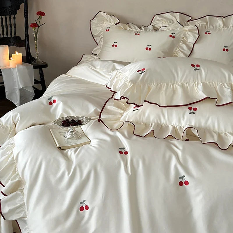 Bedding Set Cotton Satin Breathable Cherry Embroidery 4-Piece