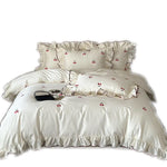 Bedding Set Cotton Satin Breathable Cherry Embroidery 4-Piece