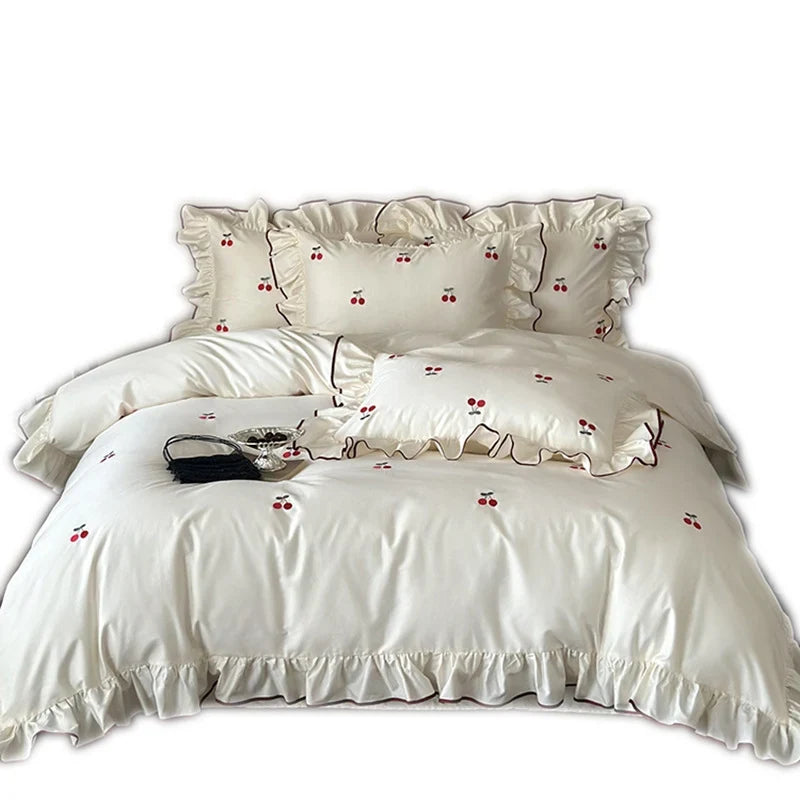 Bedding Set Cotton Satin Breathable Cherry Embroidery 4-Piece