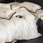 Bedding Set Cotton Satin Breathable Contrast Border & Rose Embroidery