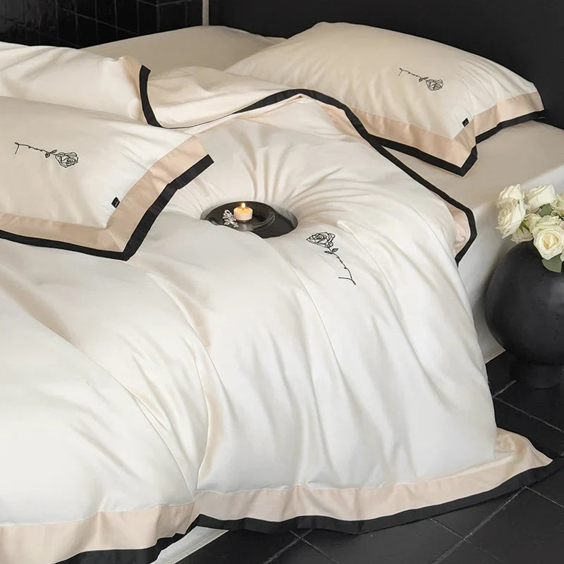 Bedding Set Cotton Satin Breathable Contrast Border & Rose Embroidery