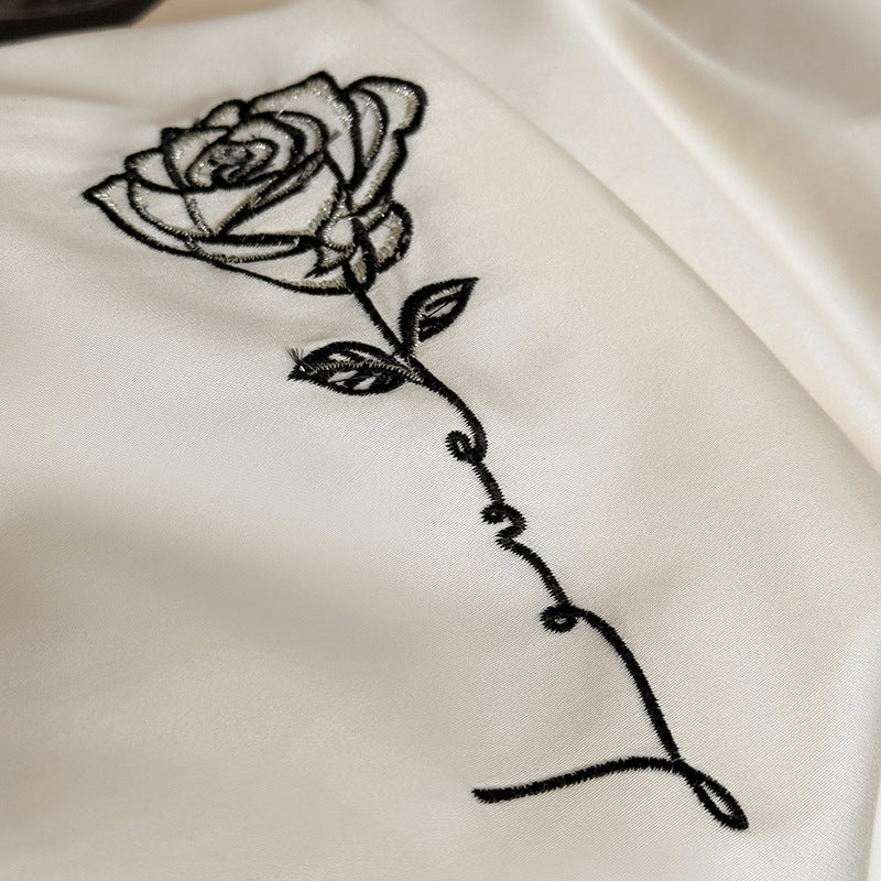 Bedding Set Cotton Satin Breathable Contrast Border & Rose Embroidery