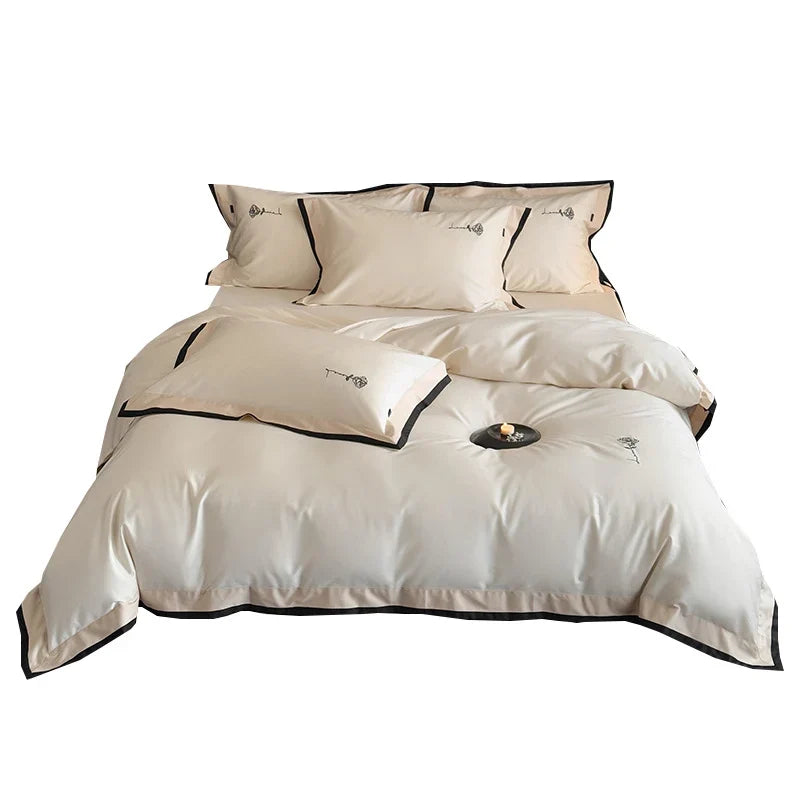 Bedding Set Cotton Satin Breathable Contrast Border & Rose Embroidery