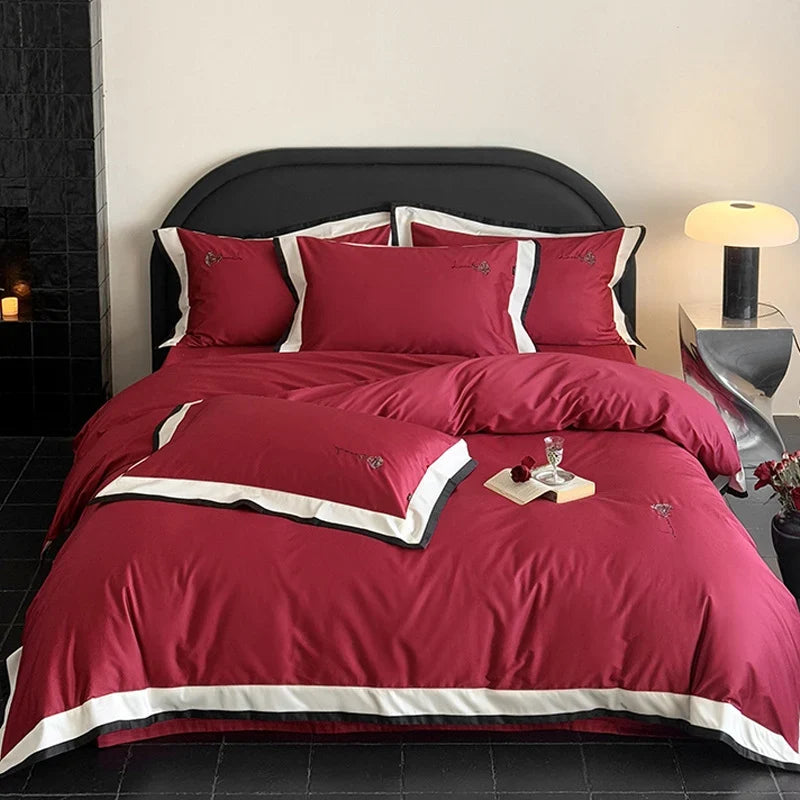 Bedding Set Cotton Satin Breathable Contrast Border & Rose Embroidery