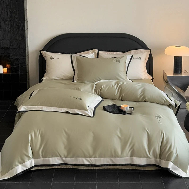 Bedding Set Cotton Satin Breathable Contrast Border & Rose Embroidery