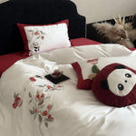 Bedding Set Cotton Satin Breathable Floral Embroidery & Panda Appliqués