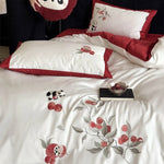Bedding Set Cotton Satin Breathable Floral Embroidery & Panda Appliqués