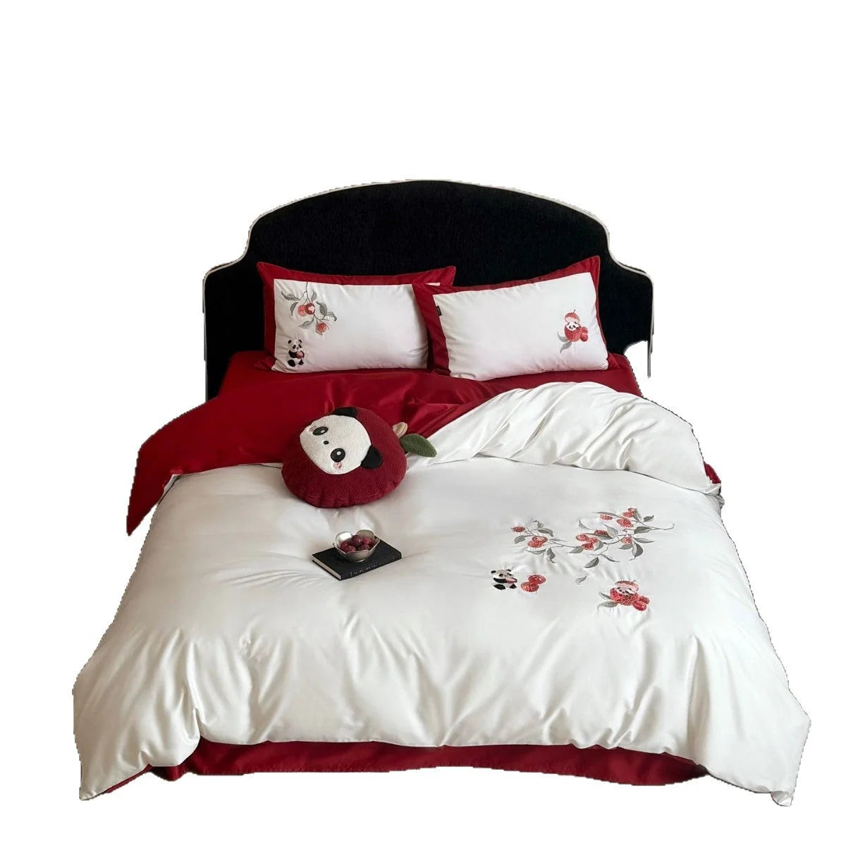 Bedding Set Cotton Satin Breathable Floral Embroidery & Panda Appliqués