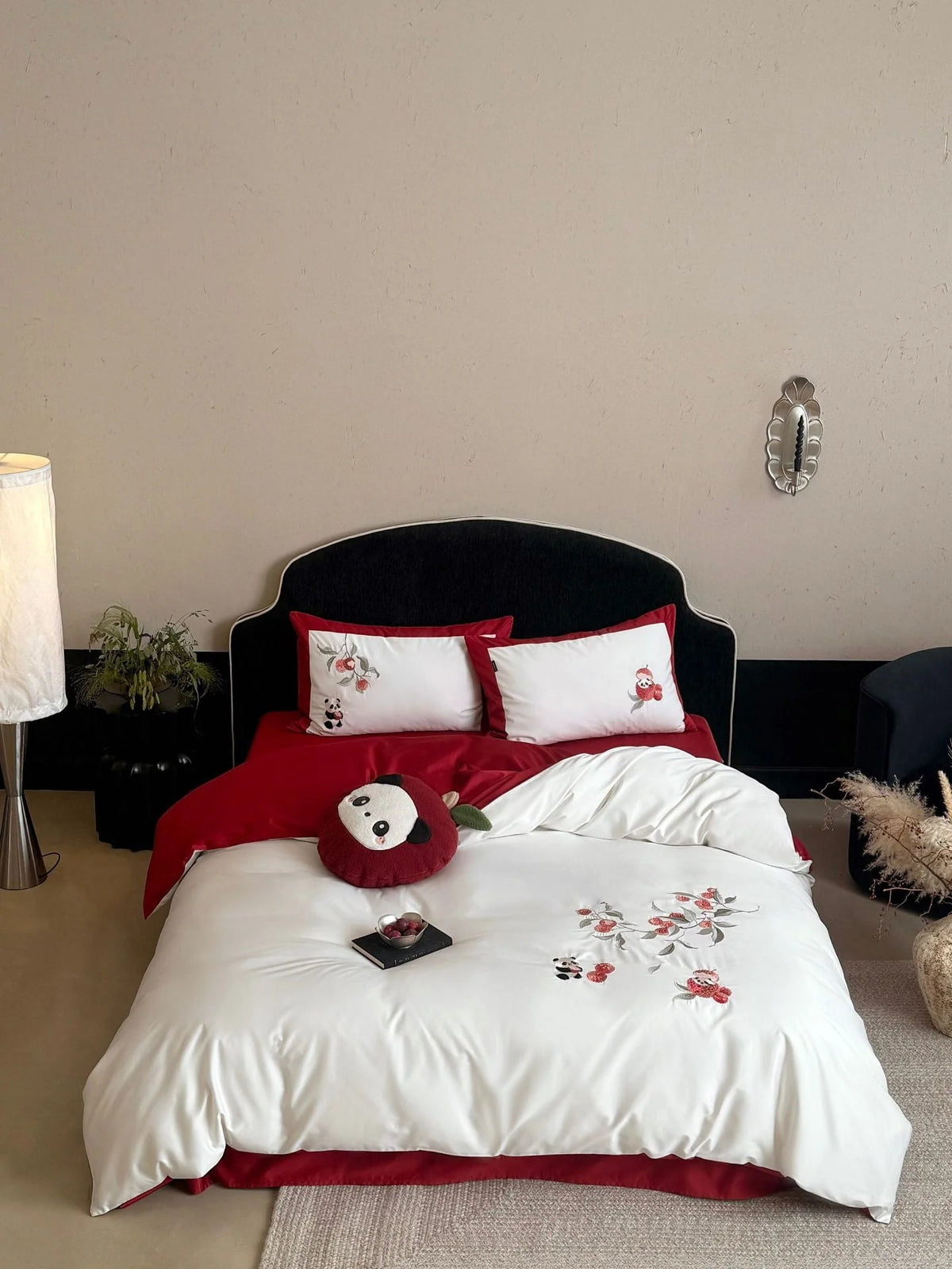 Bedding Set Cotton Satin Breathable Floral Embroidery & Panda Appliqués