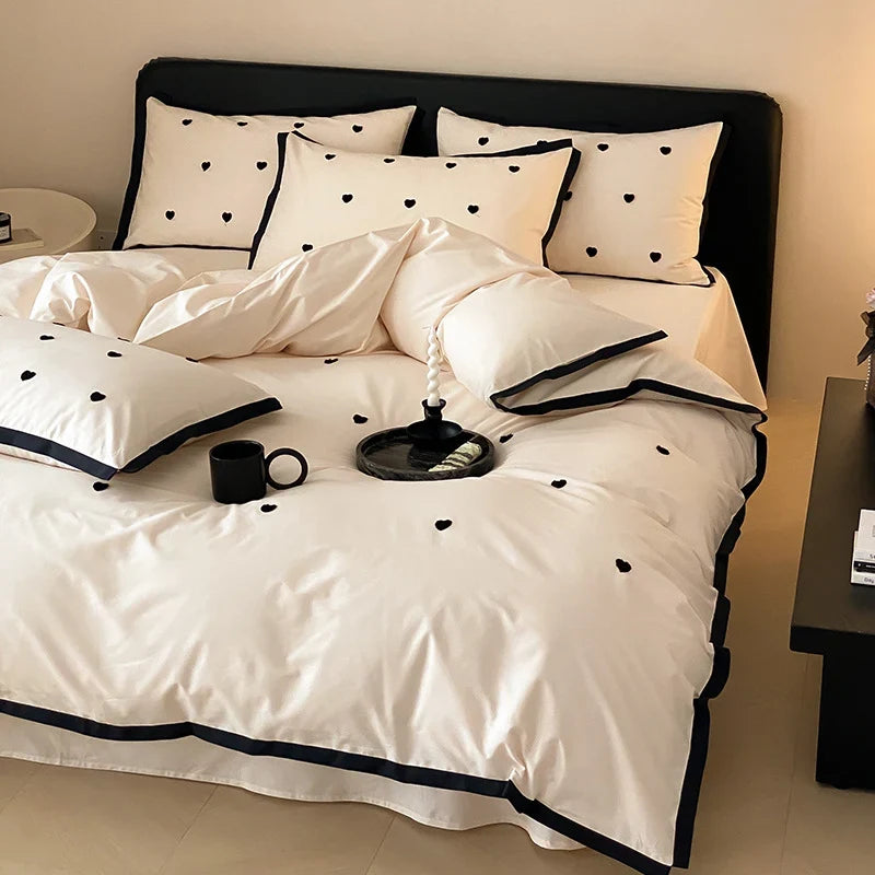 Bedding Set Cotton Satin Breathable Reversible Embroidery & Piping