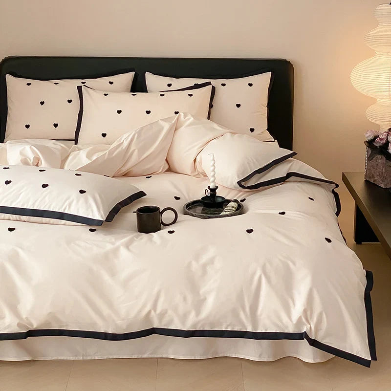 Bedding Set Cotton Satin Breathable Reversible Embroidery & Piping