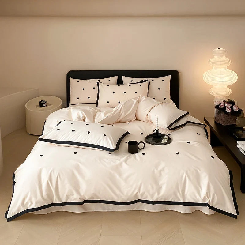 Bedding Set Cotton Satin Breathable Reversible Embroidery & Piping