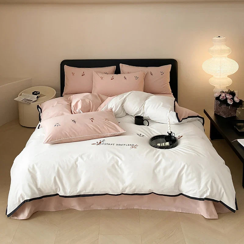 Bedding Set Cotton Satin Breathable Reversible Embroidery & Piping