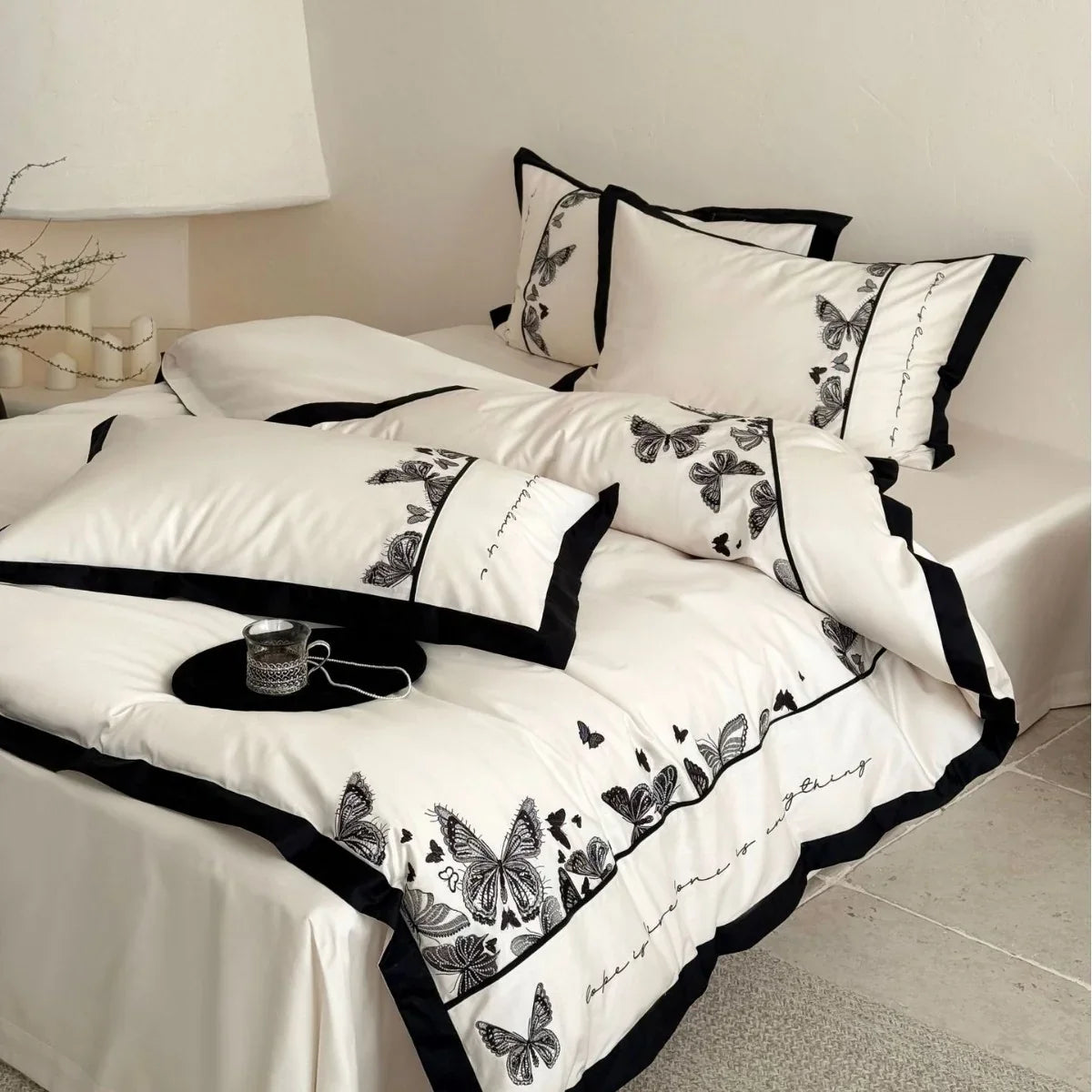 Bedding Set Cotton Satin Butterfly Embroidery Piped Edge