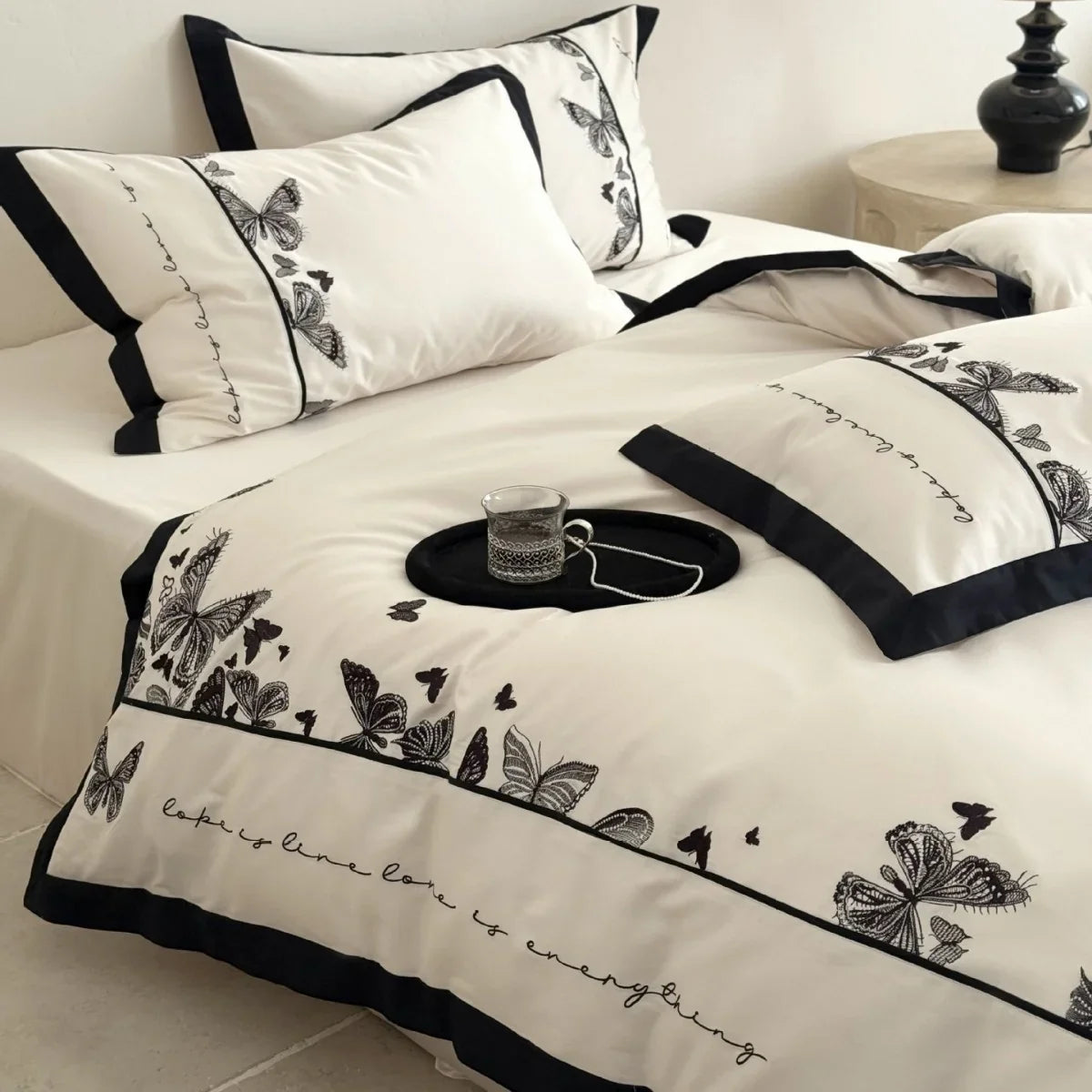 Bedding Set Cotton Satin Butterfly Embroidery Piped Edge