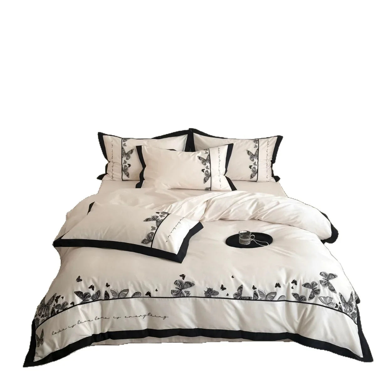 Bedding Set Cotton Satin Butterfly Embroidery Piped Edge