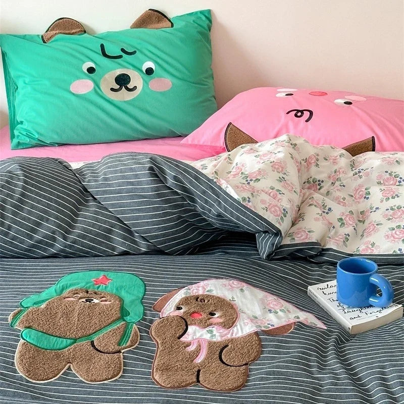 Bedding Set Cotton Satin Embroidered Bow & Vichy Ruffle