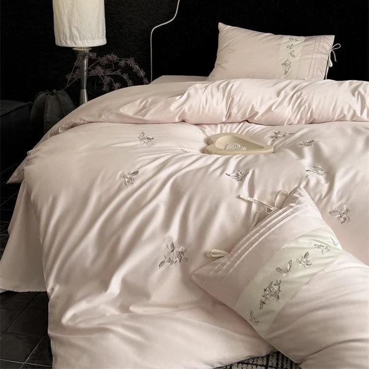 Bedding Set Cotton Satin Embroidered Floral