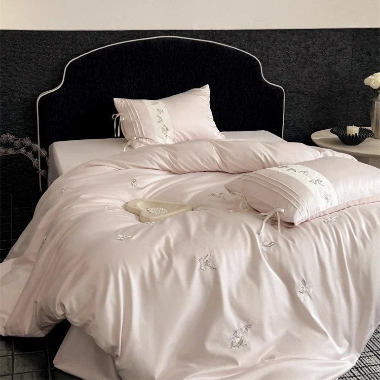 Bedding Set Cotton Satin Embroidered Floral