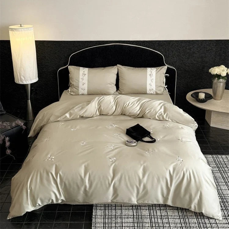 Bedding Set Cotton Satin Embroidered Floral