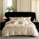Bedding Set Cotton Satin Embroidered Floral & Contrast Piping
