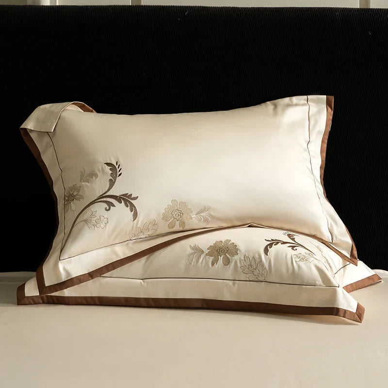 Bedding Set Cotton Satin Embroidered Floral & Contrast Piping