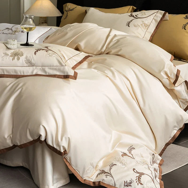 Bedding Set Cotton Satin Embroidered Floral & Contrast Piping