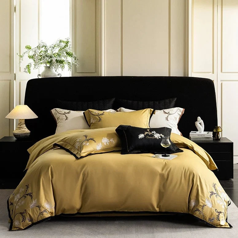 Bedding Set Cotton Satin Embroidered Floral & Contrast Piping