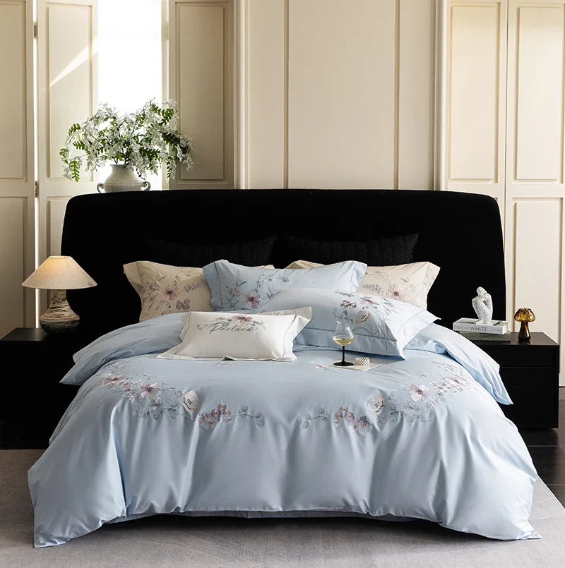 Bedding Set Cotton Satin Embroidered Floral & Contrast Piping