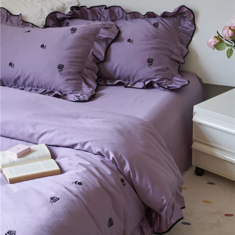 Bedding Set Cotton Satin Embroidered Rose & Ruffle Trim