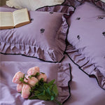 Bedding Set Cotton Satin Embroidered Rose & Ruffle Trim