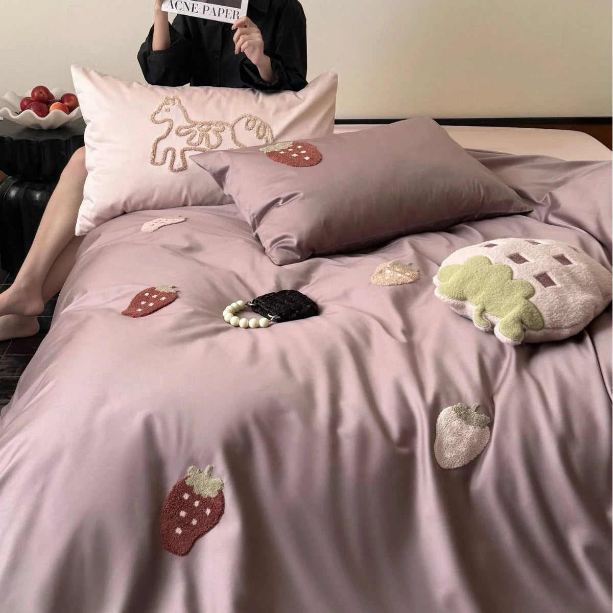 Bedding Set Cotton Satin Embroidered Strawberry Design