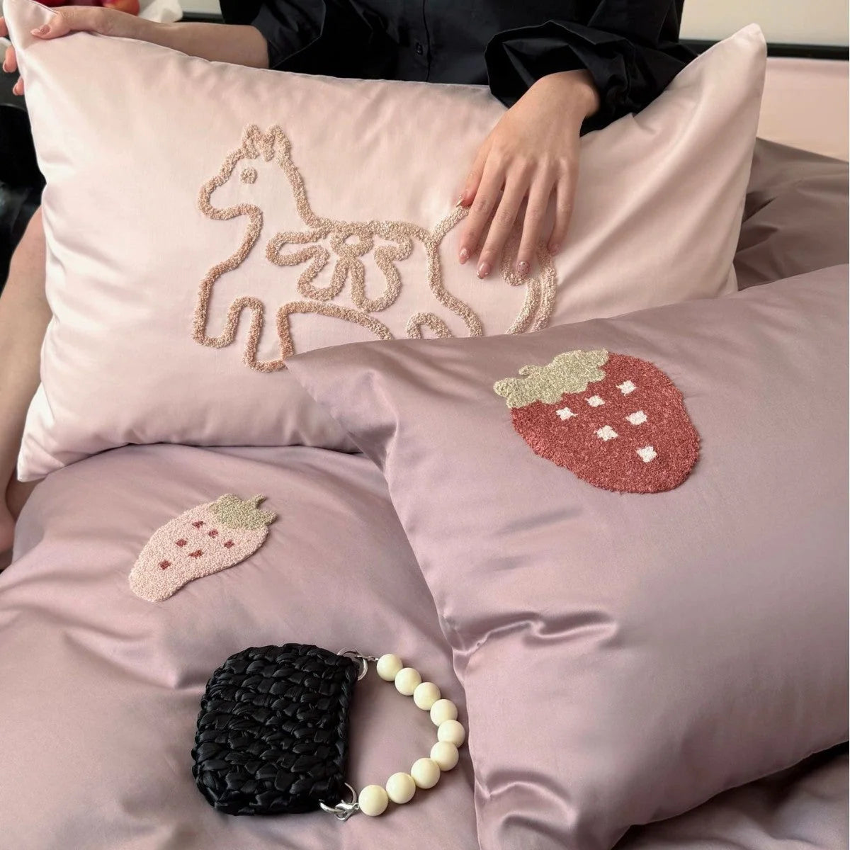 Bedding Set Cotton Satin Embroidered Strawberry Design
