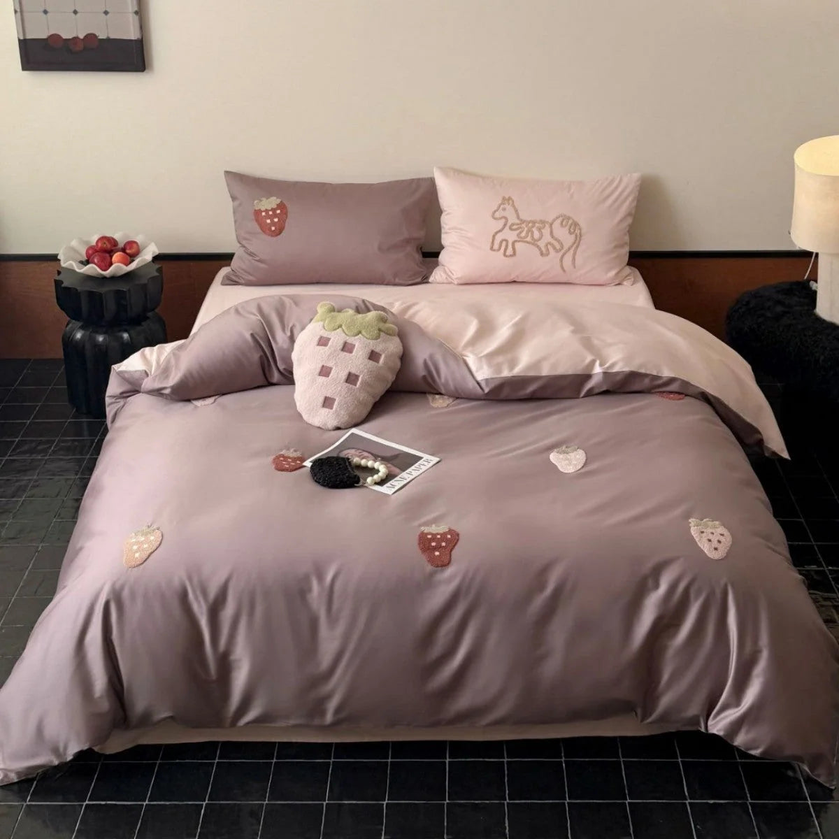 Bedding Set Cotton Satin Embroidered Strawberry Design