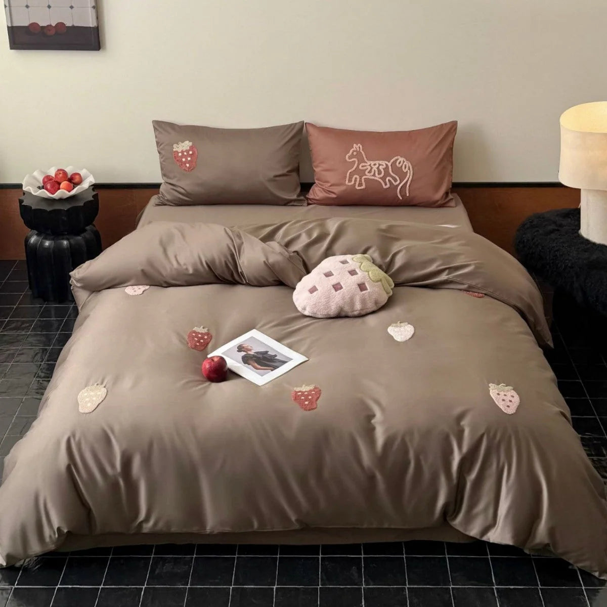 Bedding Set Cotton Satin Embroidered Strawberry Design