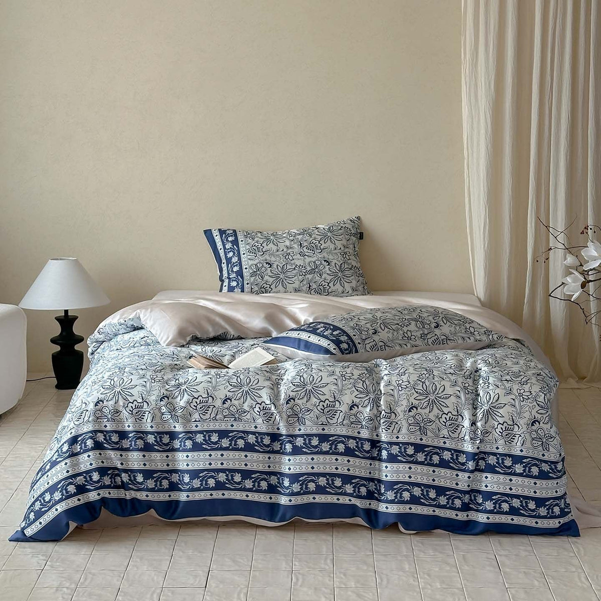 Bedding Set Cotton Satin Floral 4-Piece Machine Washable