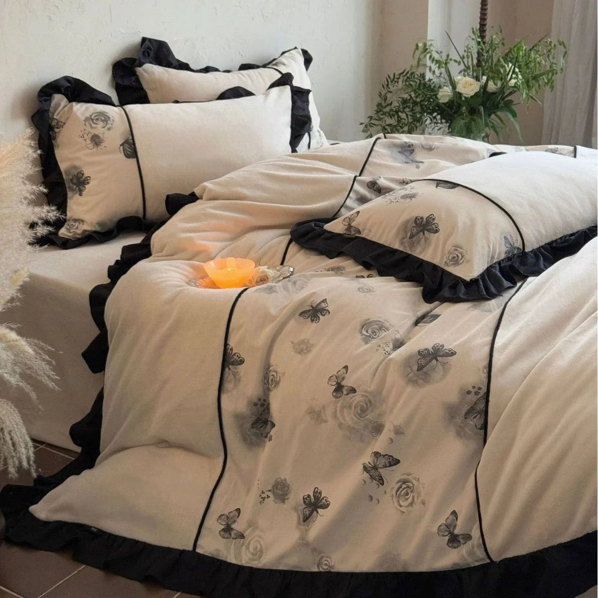Bedding Set Cotton Satin Floral Butterfly Embroidery 4-Piece