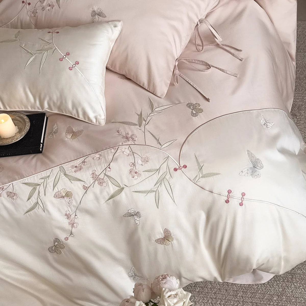 Bedding Set Cotton Satin Floral Embroidery 4-Piece