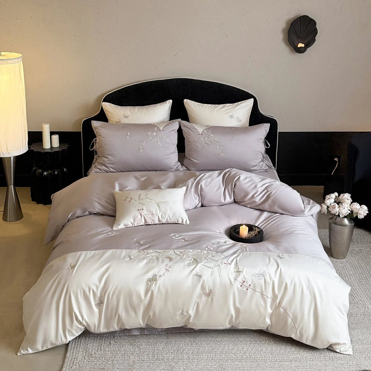 Bedding Set Cotton Satin Floral Embroidery 4-Piece