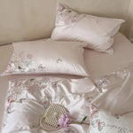 Bedding Set Cotton Satin Floral Embroidery & Lace 4-Piece