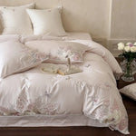 Bedding Set Cotton Satin Floral Embroidery & Lace 4-Piece