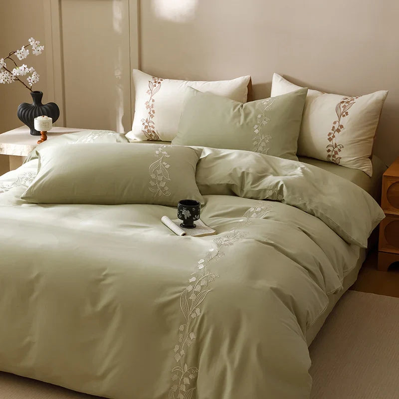 Bedding Set Cotton Satin Floral Embroidery Machine Washable