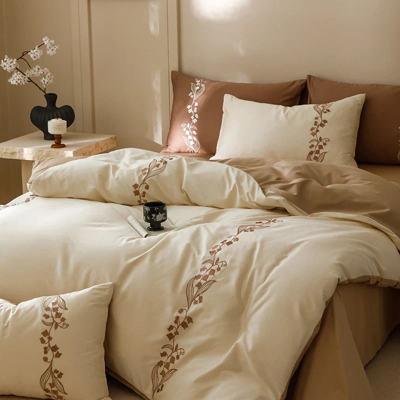 Bedding Set Cotton Satin Floral Embroidery Machine Washable