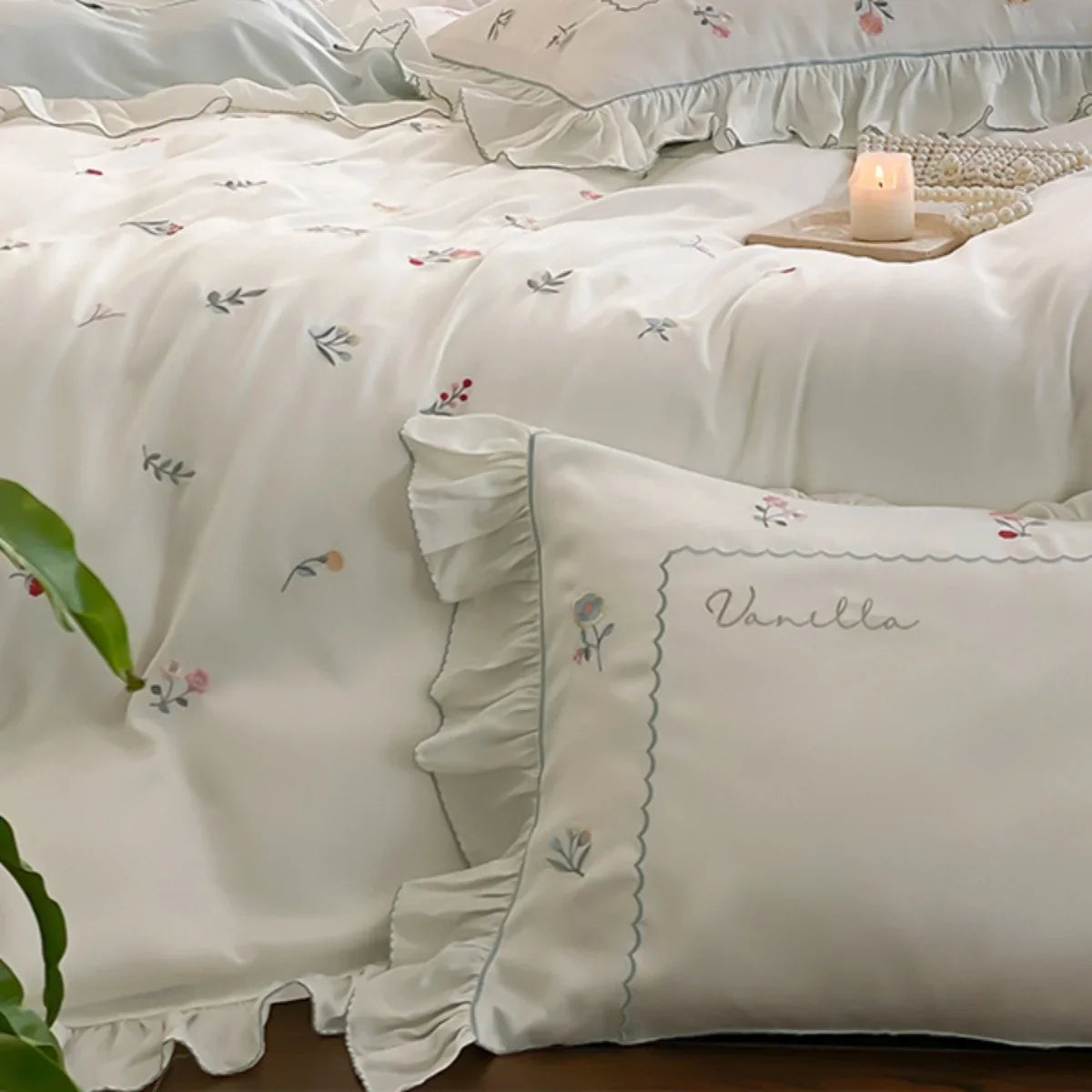 Bedding Set Cotton Satin Floral Embroidery & Ruffle Trim