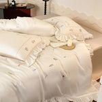 Bedding Set Cotton Satin Floral Embroidery & Ruffle Trim