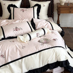 Bedding Set Cotton Satin Floral Embroidery Ruffle Trim 4-Piece Set