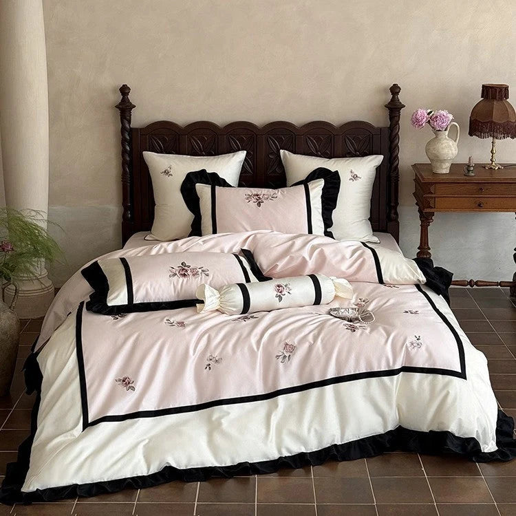 Bedding Set Cotton Satin Floral Embroidery Ruffle Trim 4-Piece Set